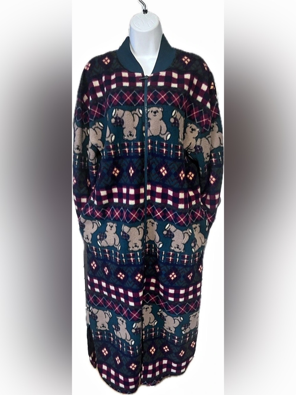 Vintage Sears Personal Identity Plaid Teddy Fleece Zip-Up Long Robe with Pockets